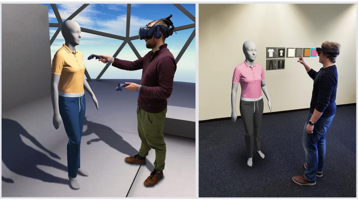 m Projekt Retail 4.0 kann virtuelle Bekleidung in der Virtuellen Realität (links) und in der Erweiterten Realität (rechts) betrachtet werden. Mittels Gesten und Controllern kann mit den virtuellen Inhalten interagiert werden.
