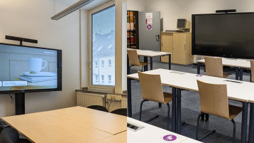 Zusammenschnitt zweier Bilder: Blick jeweils in den Gruppenraum und den Schulungsraum. Zu sehen sind Stühle, Tische und Smartboards in jeweils verschiedener Anordnung. (Bild: TH Köln/ Alina Beier)