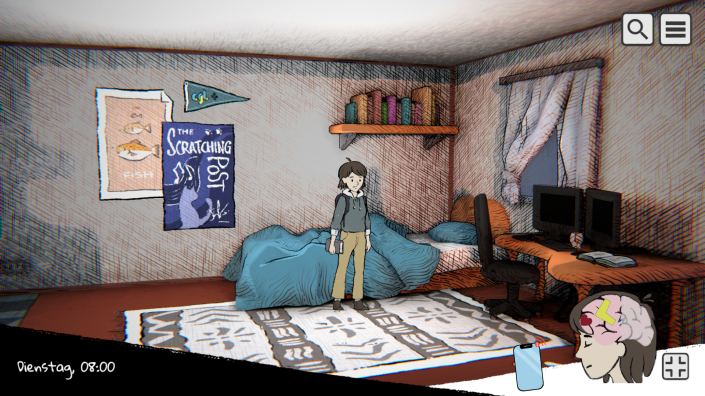Bildschirmfoto Beyond the Chalkboard: Spielfigur Sam steht in einem privaten Zimmer. Hinter Sam befindet sich ein Bett, daneben ein Schreibtisch vor einem Fenster mit 2 Monitoren und einem Buch darauf. An der Wand hängen Poster. Das Spiel ist mit schraffierten Schatten gezeichnet. Unten rechts befinden sich die Steuerelemente Handy und die Gedankenwelt in Form von Sams Kopf im Profil, in dem verschiedene geometrische Formen sind. Bildschirmfoto Beyond the Chalkboard: Spielfigur Sam steht in einem privaten Zimmer. Hinter Sam befindet sich ein Bett, daneben ein Schreibtisch vor einem Fenster mit 2 Monitoren und einem Buch darauf. An der Wand hängen Poster. Das Spiel ist mit schraffierten Schatten gezeichnet. Unten rechts befinden sich die Steuerelemente Handy und die Gedankenwelt in Form von Sams Kopf im Profil, in dem verschiedene geometrische Formen sind.