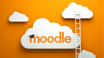 Die Grafik zeigt Wolken und eine Leiter, die zu diesen führt. Auf einer Wolke steht "moodle", auf dieser befindet sich außerdem ein Doktorhut (Bild: Moodle Pty Ltd)